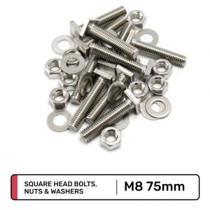 Square Head M8 75mm SS Bolts, Nuts & Washers (10 pack)